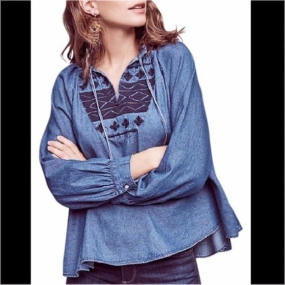 Anthropologie Ne Quittez Pas Hallie Chambray embroidered blouse - Picture 3 of 10